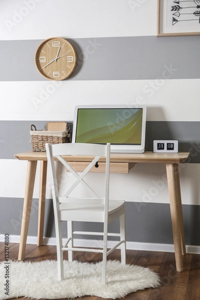 Fototapeta Workplace on striped wall background