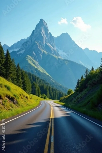 Fototapeta Asphalt ribbon unwinding through a verdant valley, towards majestic, snow-capped peaks under a brilliant, clear sky