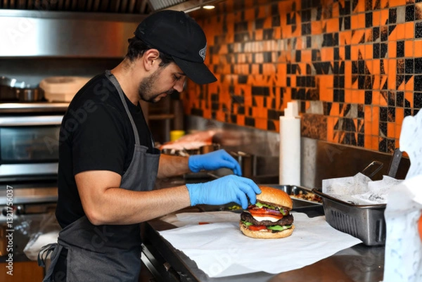 Fototapeta Chef assembling a gourmet burger in a professional kitchen.