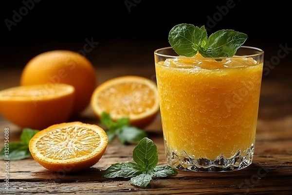 Fototapeta Orange smoothie for rustic wood, fresh fruit.