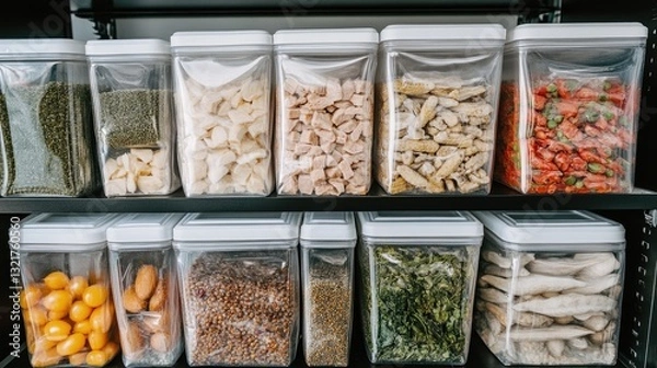 Fototapeta Organized Storage of Various Dried Ingredients in Transparent Containers