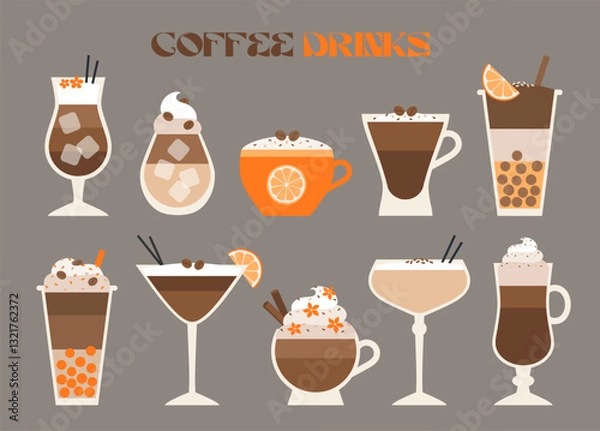 Fototapeta Big set Coffee drink art. Retro colorful drink. Hand drawn cup with cappucino, latte, espresso, americano, coffee with molk, alcohol cocktail, bubble tea isolated. Modern trendy print.