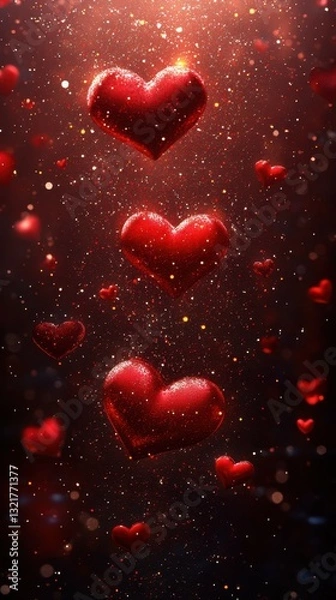Fototapeta Floating red hearts create a romantic atmosphere in a sparkling display of love and celebration