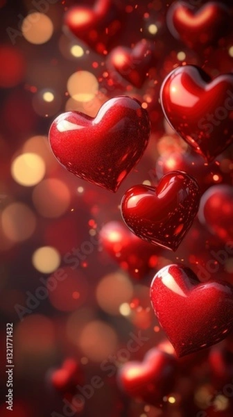 Fototapeta Romantic red hearts floating against a softly blurred background with warm bokeh lights during a festive celebration or anniversary