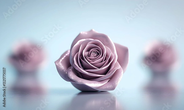 Fototapeta A single, glistening mauve rose in sharp focus, with two blurred roses in the background, on a reflective surface; a minimalist and elegant image.