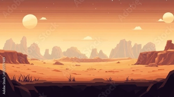 Fototapeta Desert landscape at sunset with rocky mountains and sparse vegetation.