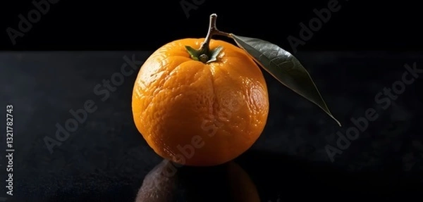 Fototapeta Photo copy space one fresh orange without leaves on dark black blank background