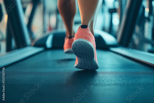 Fototapeta A human is walking on a treadmill with her feet on the floor