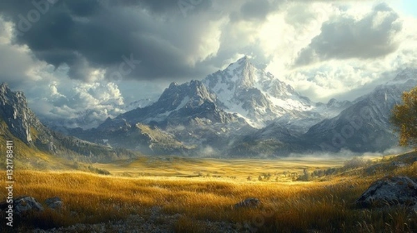 Fototapeta Majestic mountain range panorama with golden field under dramatic cloudy sky