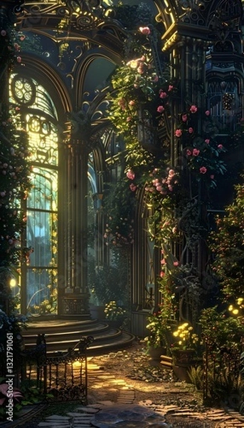 Obraz A surreal Art Nouveau garden where glowing floral gates and radiant curved architecture frame vintage couture