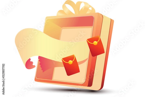 Obraz vector open giftbox . Realistic gift box, with the red satin bow, isolated on background. Cube shape present box, tied with yellow wrapping ribbon, standing on a surface in a front view.