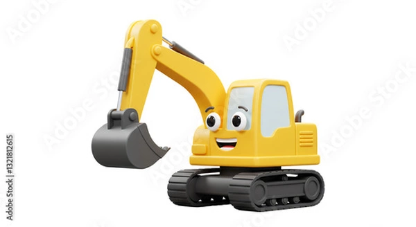 Fototapeta Cartoon Excavator Character Smiling on White Background in Rendered Style