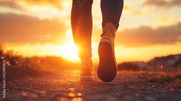 Fototapeta Professional Image of a Person's Foot Walking at Sunset Symbolizing Positive Vibes