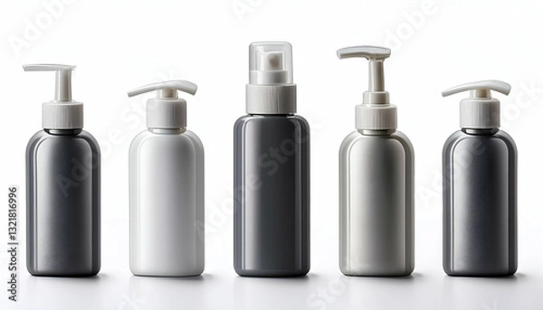 Fototapeta A Sleek Collection Of Minimalist Cosmetic Bottles, Showcasing A Sophisticated And Modern Design With A Neutral Color Palette Of Grey And White Against A Bright White Background