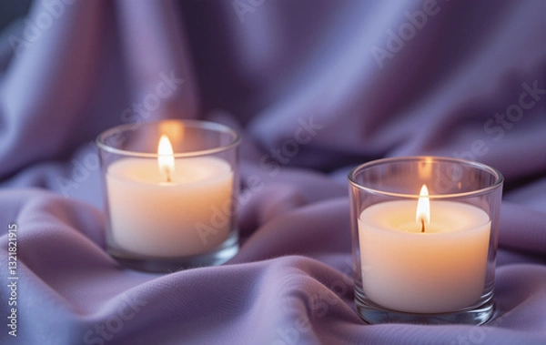 Fototapeta Two lit candles in glass holders on a soft, purple fabric.