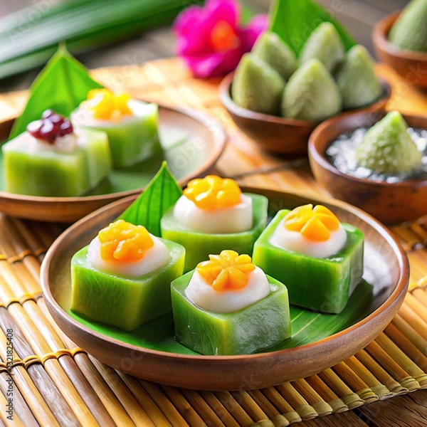 Obraz Assorted colorful Thai desserts on plates