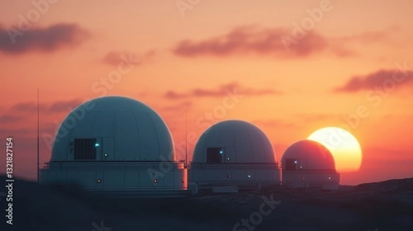 Obraz Observatories Under Sunset Skies with Large Domes and Glowing Lights Capturing Celestial Wonders
