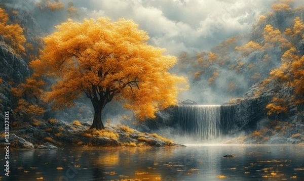 Fototapeta Blazing autumn tree near tranquil waterfall by tranquil lake