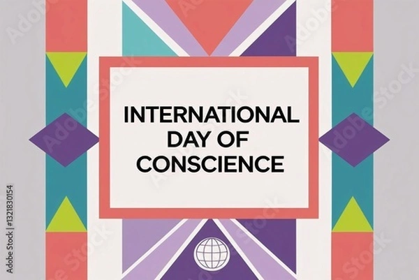 Fototapeta A celebratory graphic design for International Day of Conscience featuring a light gray background with a symmetrical border of colorful geometric shapes in coral, teal, purple, and lime green.