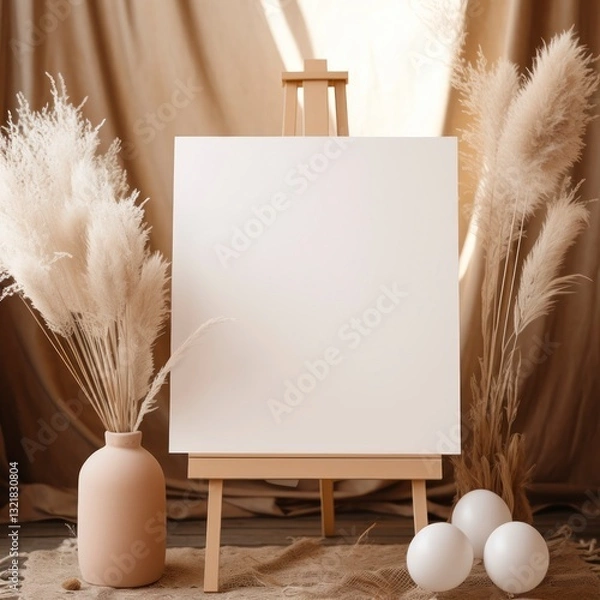 Fototapeta Blank canvas mockup on wooden easel.