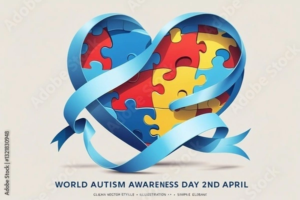 Fototapeta A heart-shaped puzzle made of blue, yellow, and red pieces is embraced by a flowing light blue awareness ribbon. 