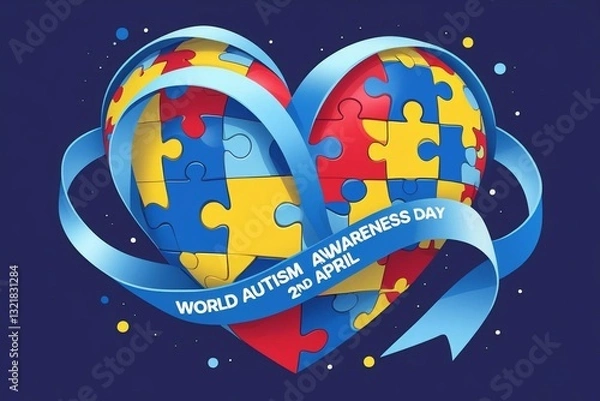 Fototapeta A heart-shaped puzzle made of blue, yellow, and red pieces is embraced by a flowing light blue awareness ribbon. 