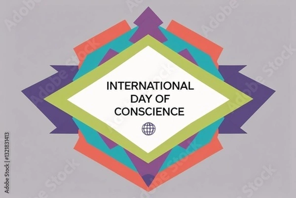 Fototapeta A celebratory graphic design for International Day of Conscience featuring a light gray background with a symmetrical border of colorful geometric shapes in coral, teal, purple, and lime green.