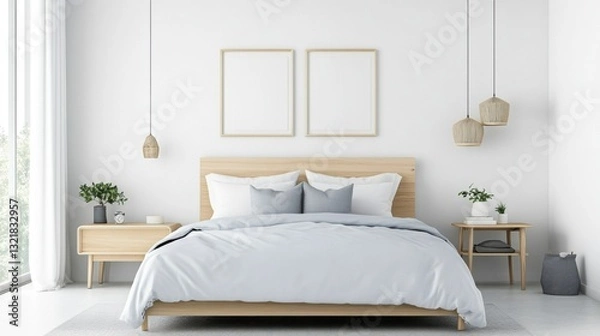 Fototapeta A serene Scandinavian-style bedroom with soft pastel hues, light wood furnishings, and an open, uncluttered layout.