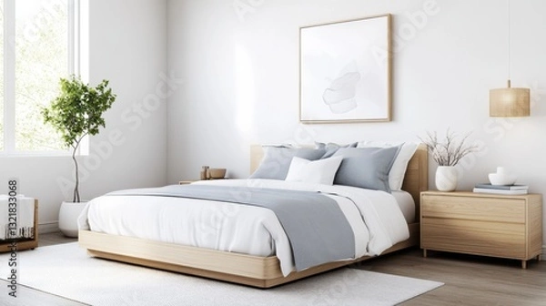 Fototapeta Clean and elegant Scandinavian bedroom with light wooden furniture, pale grey and beige tones and minimalist style.