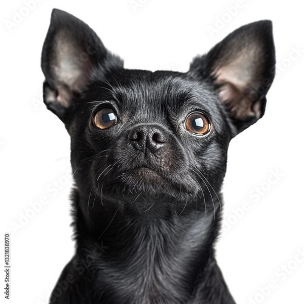 Fototapeta Close-up of a black Chihuahua with alert expression isolated on white background, showcasing its big ears and shiny fur.