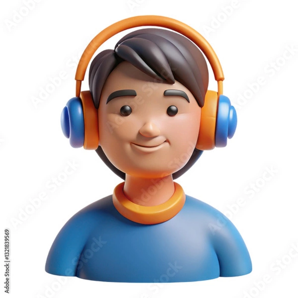 Fototapeta A stylized character with headphones, wearing a blue shirt and orange accents, smiling warmly, illustration of 3d rendering.