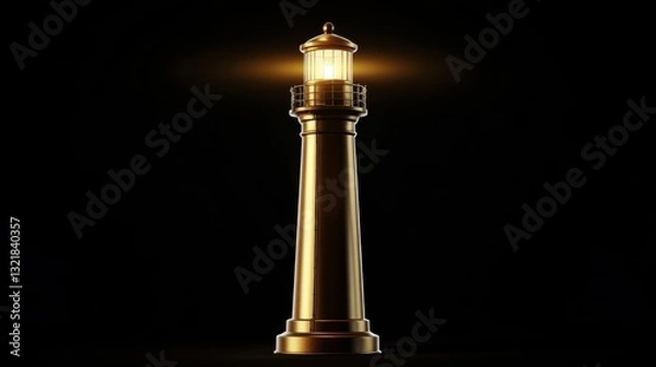 Obraz A shiny golden lighthouse radiates a warm light in the darkness