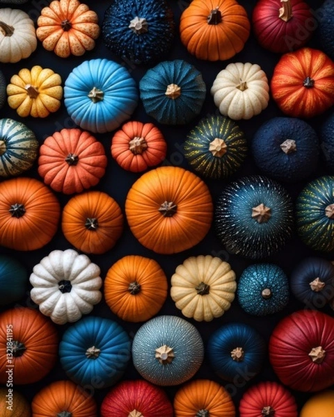 Fototapeta Chromatic Harvest Aesthetic Vibrant Artisan Pumpkin Collection Showcasing Seasonal Design Trends, Modern Color Blocking and Textural Autumn Decor Inspiration