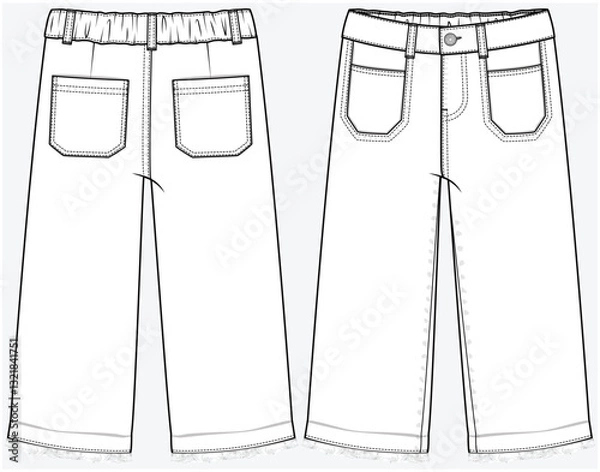 Obraz LOOSE FIT WIDE LEG DENIM JEANS WITH STYLIZED POCKET DETAIL DESIGNED FOR KID GIRLS TWEEN GIRLS AND TODDLER GIRLS IN VECTOR FILE