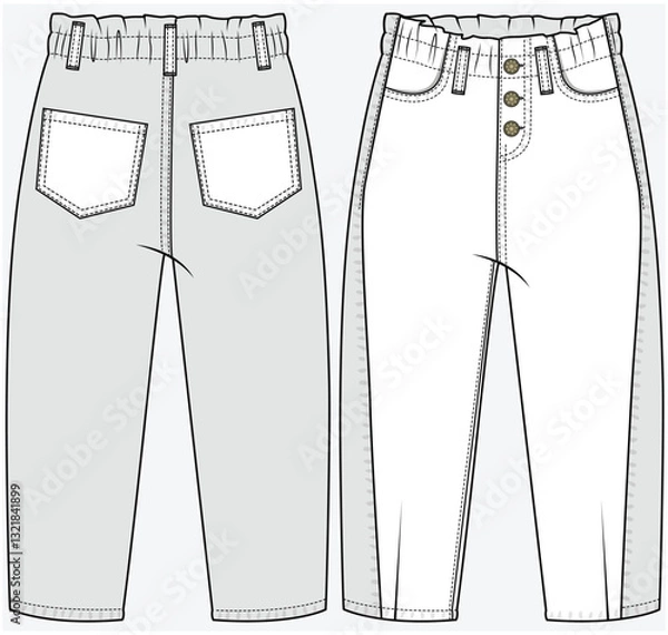 Fototapeta SLOUCHY FIT BAGGY FIT DENIM JEANS WITH PAPER BAG WAIST FRONT HEM DART AND CUT AND SEW DETAIL DESIGNED FOR KID GIRLS TWEEN GIRLS AND TODDLER GIRLS IN VECTOR FILE