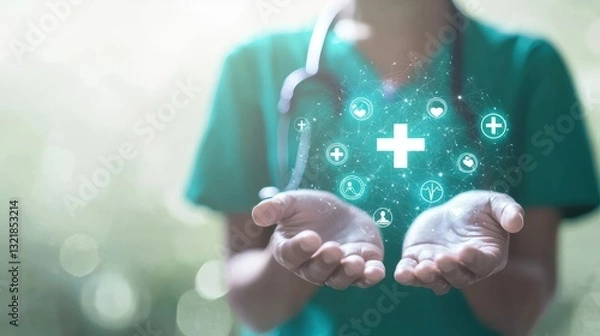 Fototapeta Healthcare innovation event showcasing medical solutions hospital setting digital content professional environment close-up view