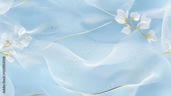 Obraz Soft blue background with golden lines, transparent curtain with white flowers and leaves