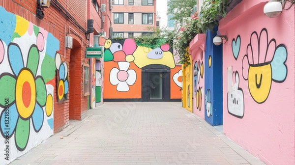 Fototapeta A vibrant alleyway adorned with colorful murals featuring flowers and playful designs, creating a lively urban atmosphere.