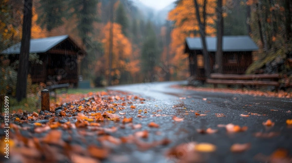 Fototapeta A tranquil autumn scene featuring a winding road lined with colorful leaves and cozy cabins nestled among vibrant trees.