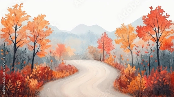 Fototapeta A winding road through vibrant autumn trees, showcasing a picturesque landscape filled with warm orange and yellow hues.