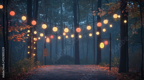Fototapeta A misty forest pathway adorned with colorful lanterns, creating a magical atmosphere under the trees.