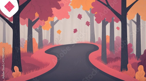 Fototapeta A serene, colorful autumn scene featuring a winding path through vibrant trees with falling leaves in warm shades.