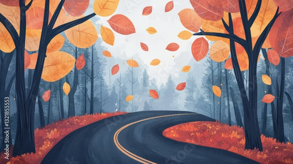 Fototapeta A winding road through a colorful autumn forest, with vibrant orange and yellow leaves falling gently amidst a misty background.