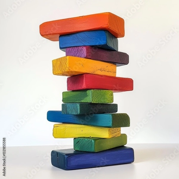 Obraz Multicolored Jenga , with fallen blocks on the side