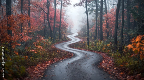 Fototapeta A winding path through a misty forest, surrounded by vibrant autumn foliage and a serene, tranquil atmosphere.