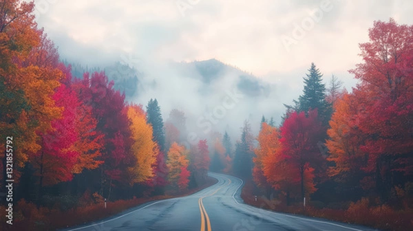 Fototapeta A winding road surrounded by vibrant autumn foliage and misty mountains creates a serene and picturesque landscape.