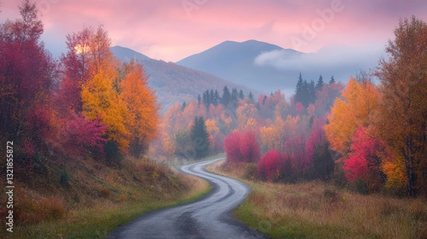 Fototapeta A winding road meanders through vibrant autumn trees, leading towards misty mountains under a colorful sky at dawn.