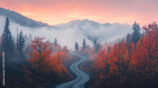 Fototapeta A winding road meanders through a vibrant autumn landscape, shrouded in mist, with mountains rising in the background under a soft, colorful sky.