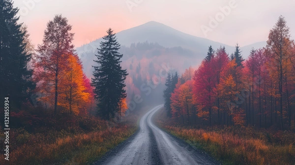 Fototapeta A winding road through a vibrant forest in autumn, framed by colorful trees and misty mountains in the background.