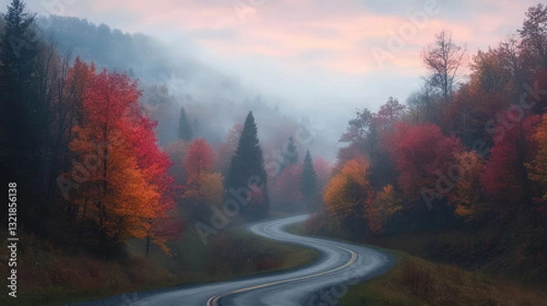 Fototapeta A winding road through misty autumn trees, showcasing vibrant foliage in hues of red and orange against a serene, cloudy backdrop.